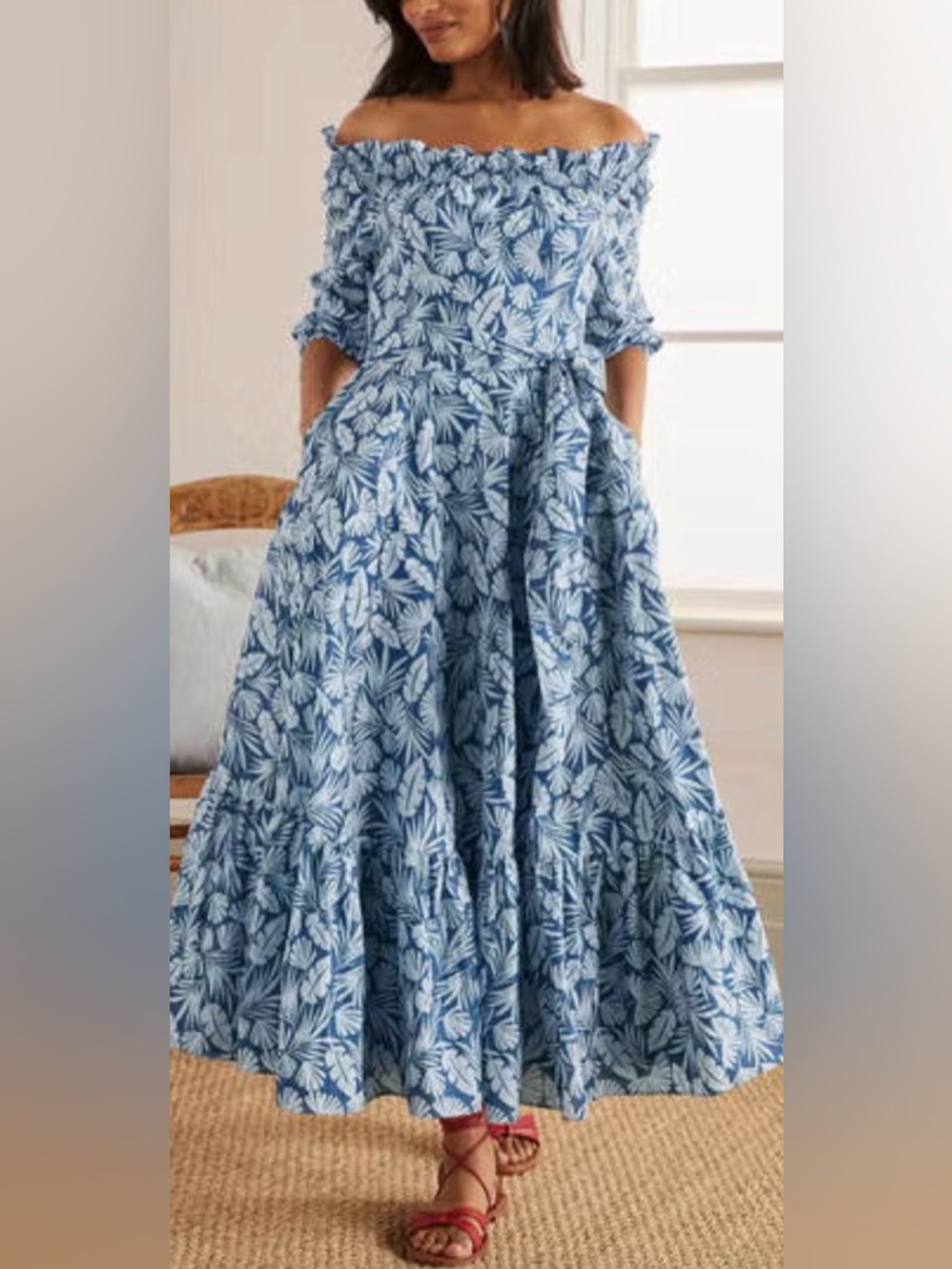 Boden Rosalind Tiered Midi Dress - Blue & White Palm size 6